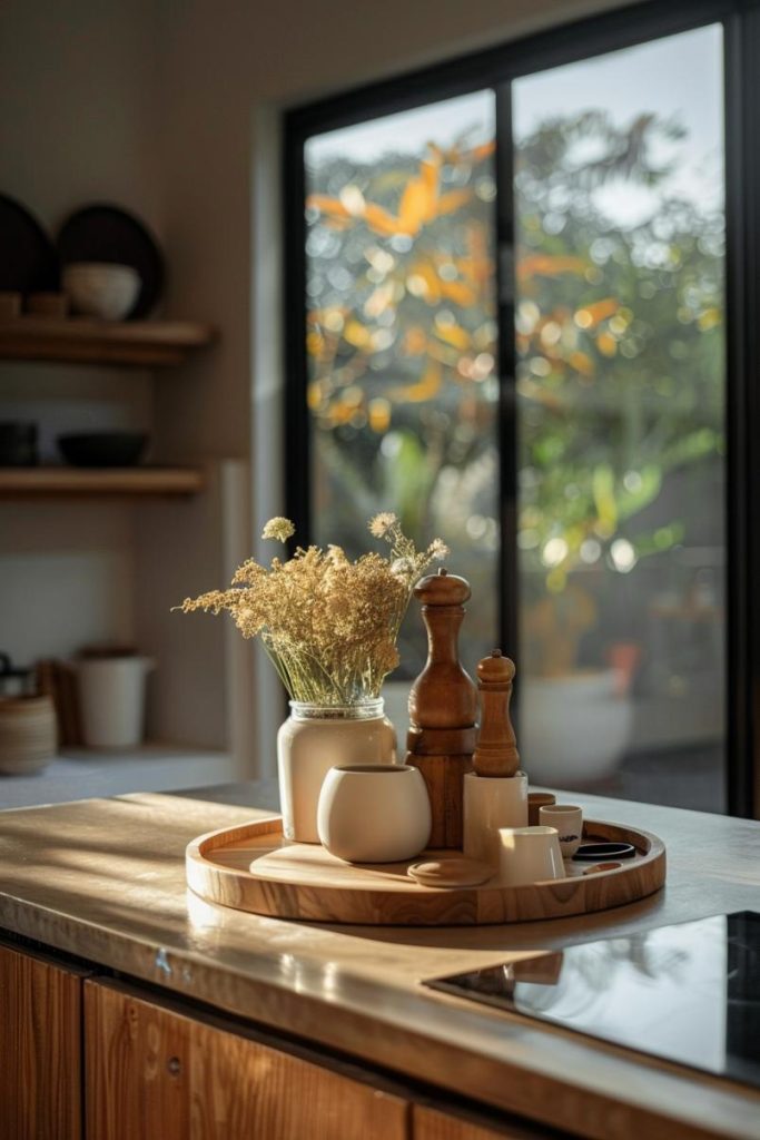 The kitchen counter is an exhibition of gastronomic potential with a round tray that provides a range of cookware, each an actor on the culinary stage.