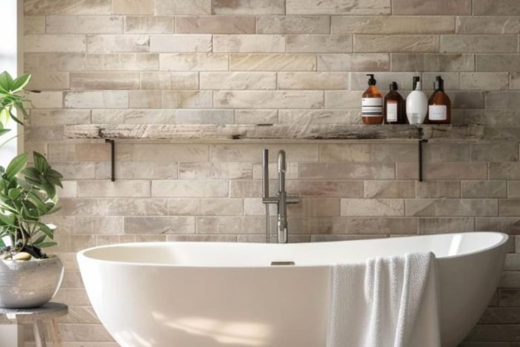 Ceramic brick tiles combine a farm house oasis that combines urban texture and rural comfort. 