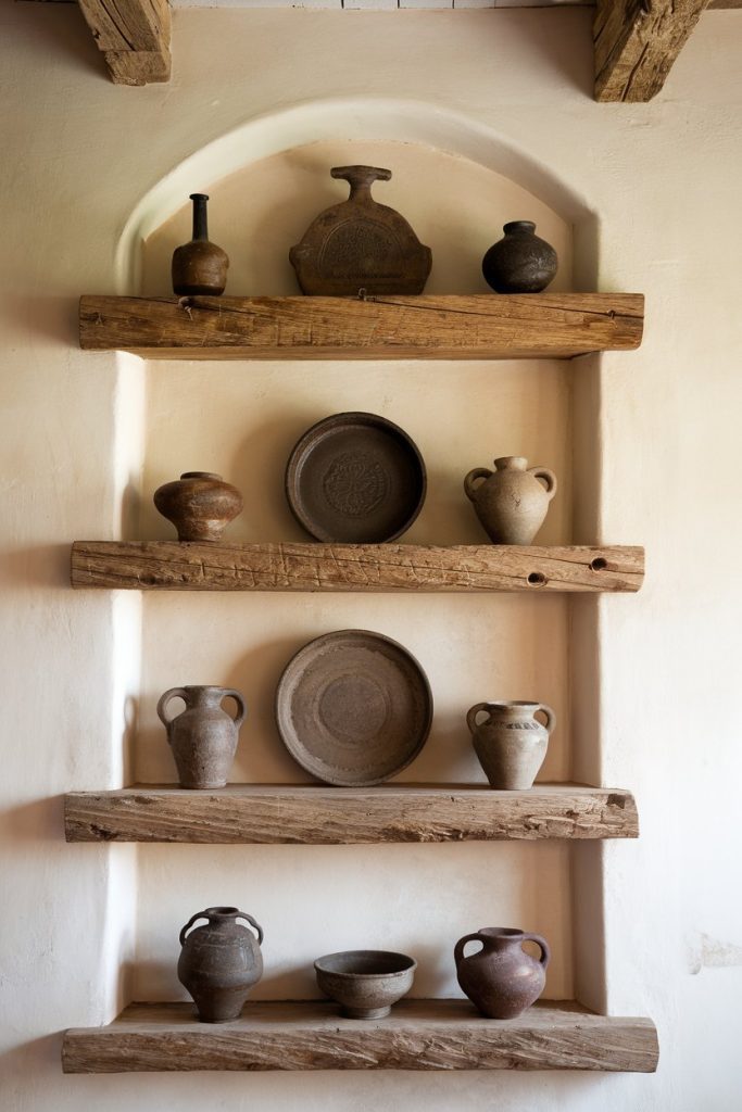 Wooden shelves with various rustic clay pots and bowls on a cream wall.