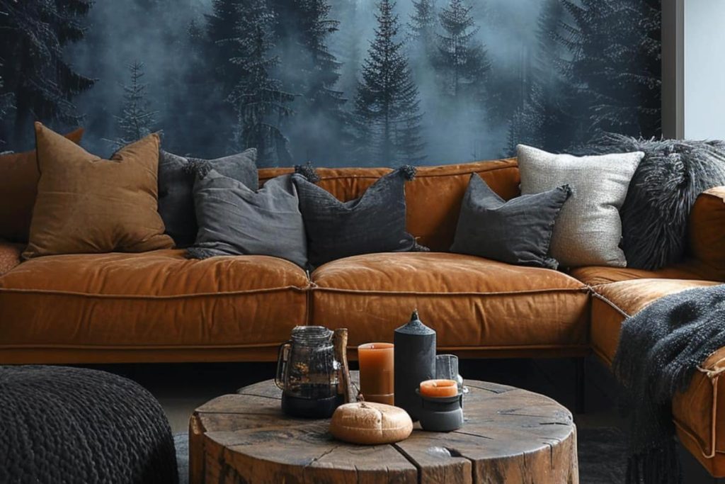 If you want to bring nature into your home without having to worry about the green spaces, try a mural of forest images behind your sleek, modern sofa.