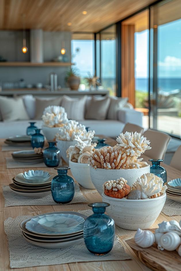 Central pieces with treasures on coasts such as corals and barns that invite you to touch and contemplation in the gently illuminated dining area.