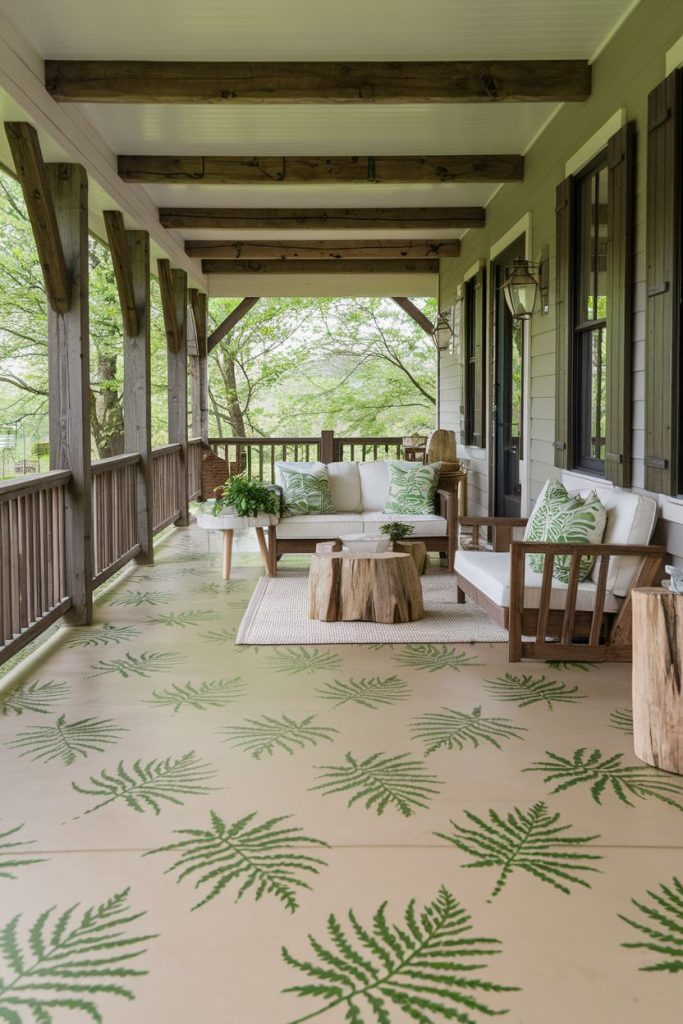 Wooden porch with fern patterned floor, white sofa, green cushions, potted plants, tree stump tables and wooden beams. Surrounded by greenery.