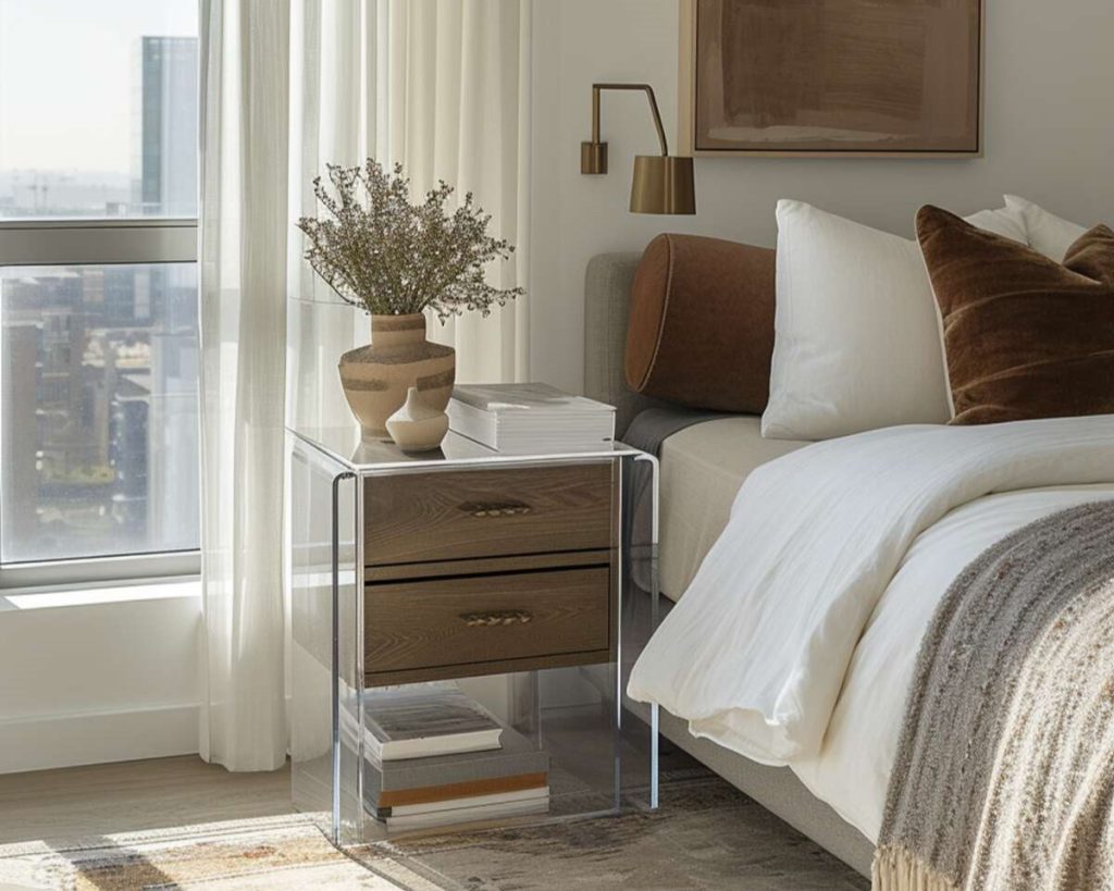 Acrylic bedside table with a brown vase of dried plants and a stack of magazines and books underneath