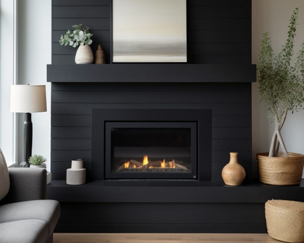 a living area with a black fireplace mantel with a black mantel displaying a monochrome painting and a live plant in an antique vase