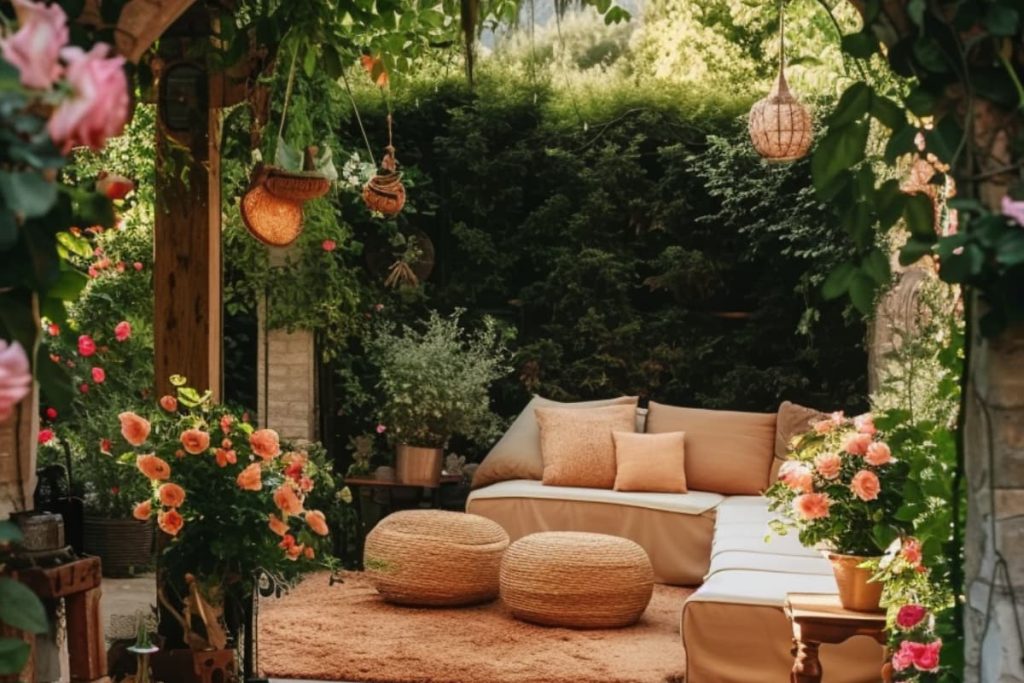 A shearling entryway layered with climbing roses and clematis frames the entrance to this fragrant boho garden. It whispers promises of magic and fun that lie beyond.