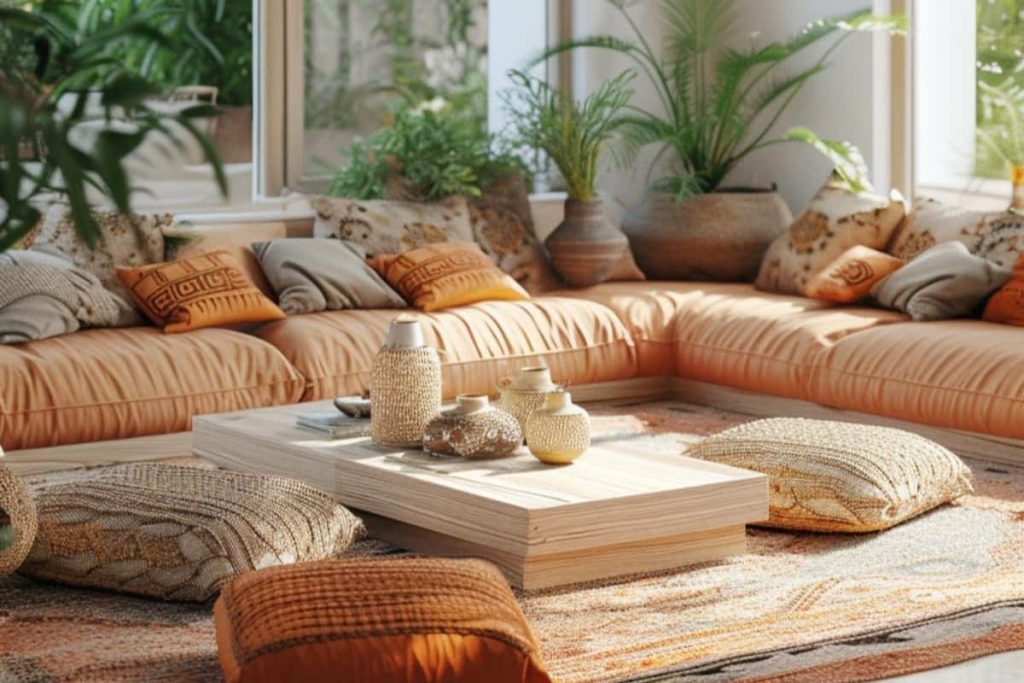 Sunlit living room with a large, upholstered beige sofa set, a wooden coffee table and decorative pillows. Potted plants and natural light enhance the relaxed atmosphere of the room.