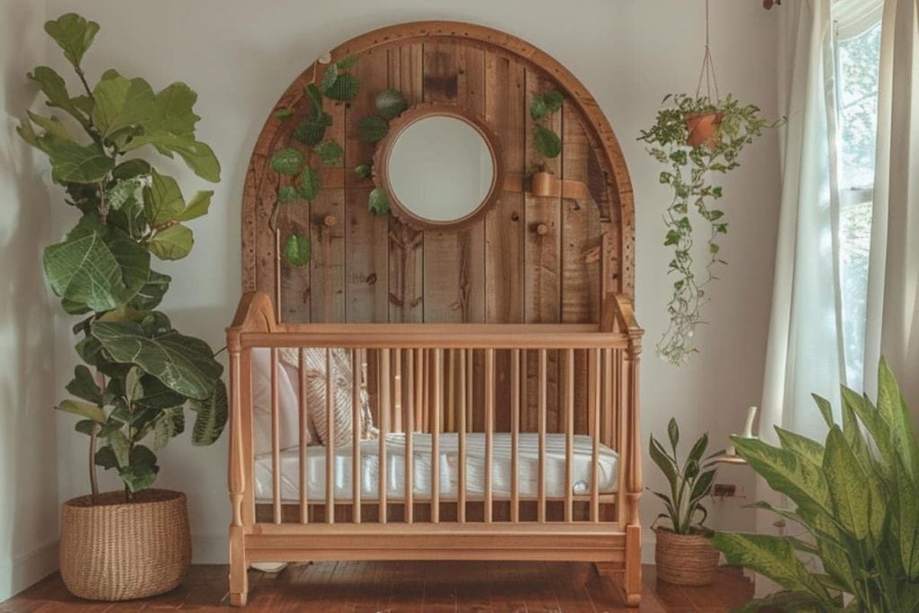 A whimsical wooden arch mirrors the shape of the crib and adds architectural interest to a boho-style nursery with soft textiles and muted colors.