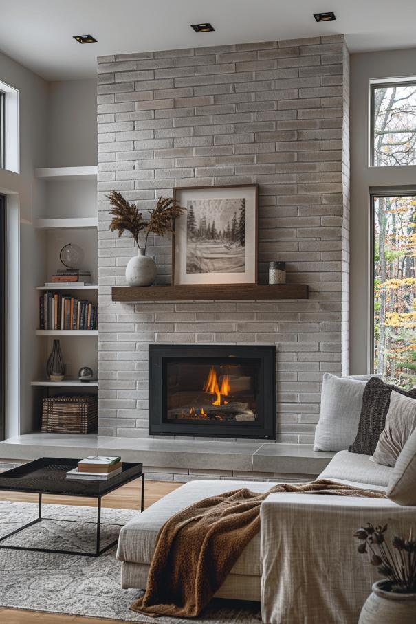 An elegant gray brick fireplace is the epitome of modern minimalism, whereby its unadorned surface offers a chic, reserved elegance for the room.