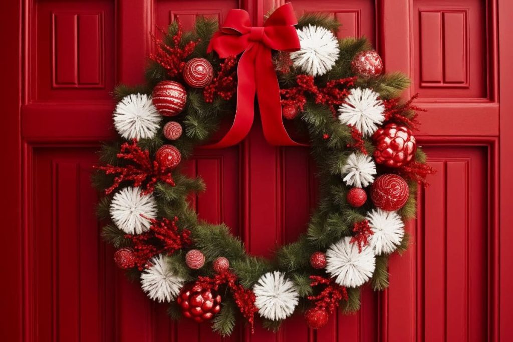 This wreath consists of conifer leaves, white pom-pom ornaments, glittery red branches, red balls with different patterns and a red ribbon