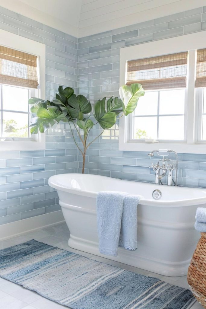 A freestanding soaking tub beneath a waterfall of natural light gives this bathroom a tranquil, coastal vibe. Soft blue tiles reflect the hues of the sea.