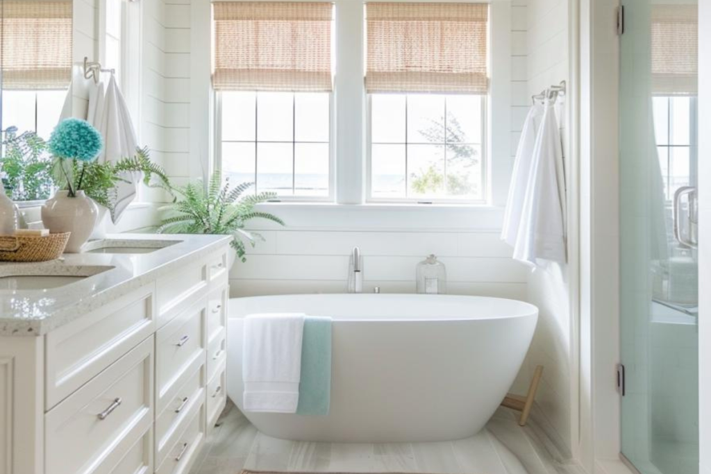 Airy, bright and undeniably beachy, the space is a charming homage to coastal living with its fresh color palette.