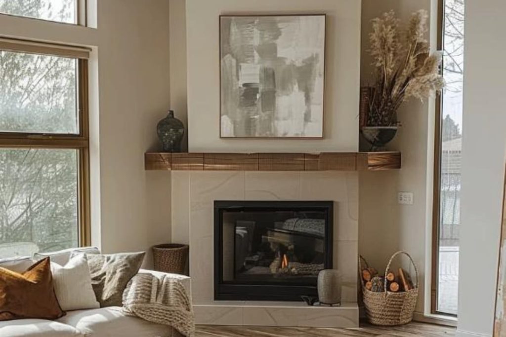 Clear lines and a warm range emphasize a chic, minimalist approach to this corner chimney, which is dressed in front of the stove with crocheted litters on a small Ottoman Ottoman.