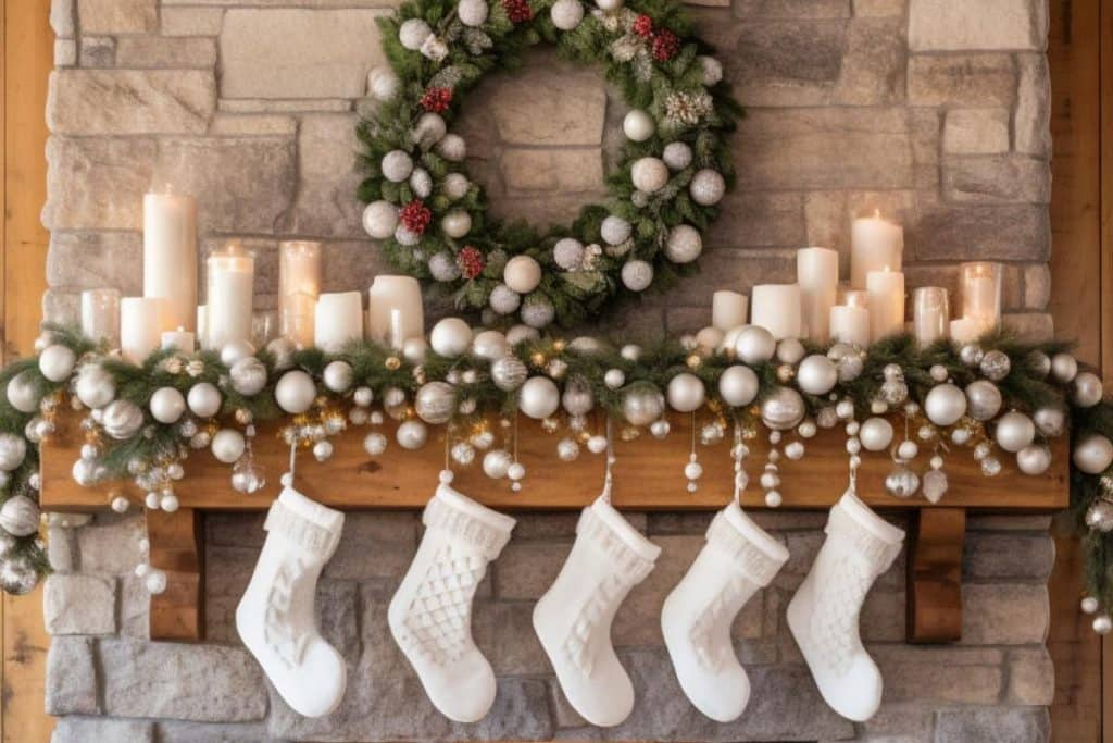 A decorated mantel with a wreath, candles and garland. Four white Christmas stockings hang underneath.