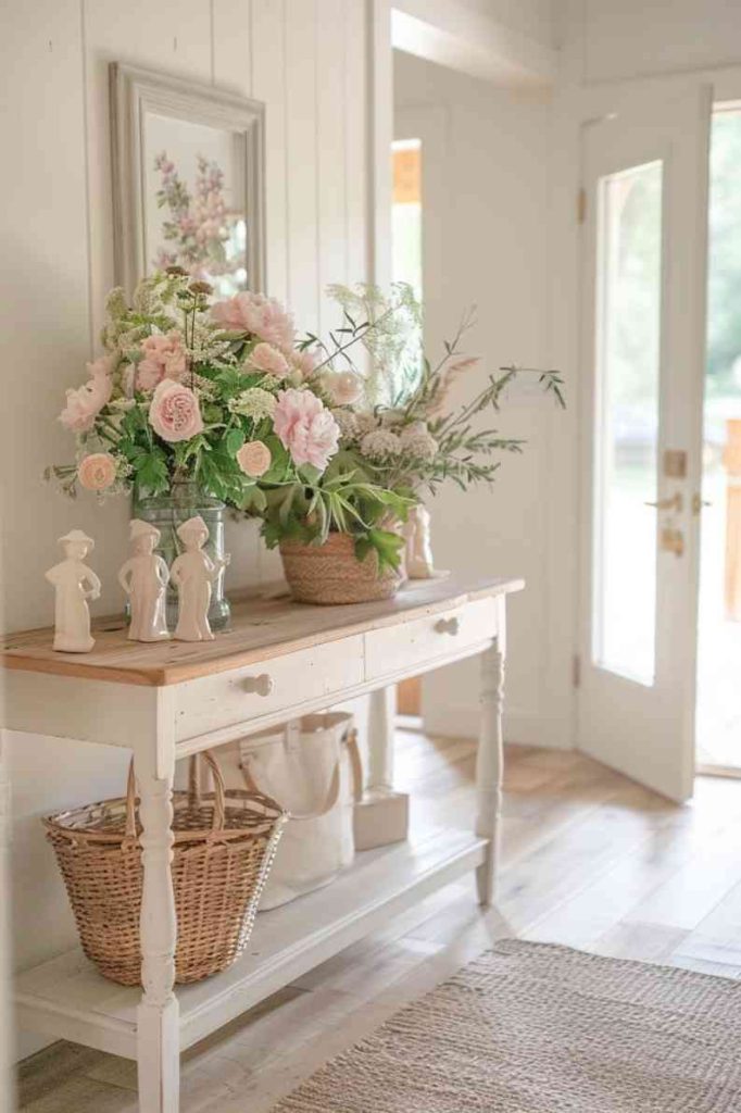 A white wooden console table with floral arrangements, wicker baskets and small figurines sits next to a glass door in a bright, airy room. A framed painting hangs above the table.