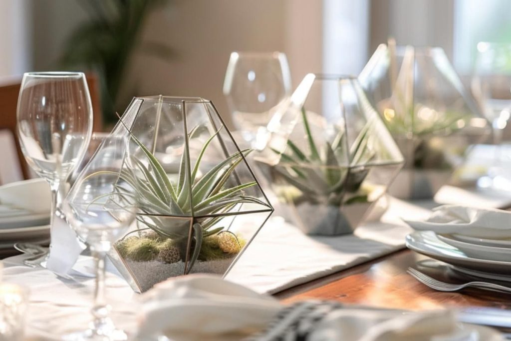 A dining table decorated with geometric glass terrariums with succulents. The table is set with white plates, napkins and wine glasses.