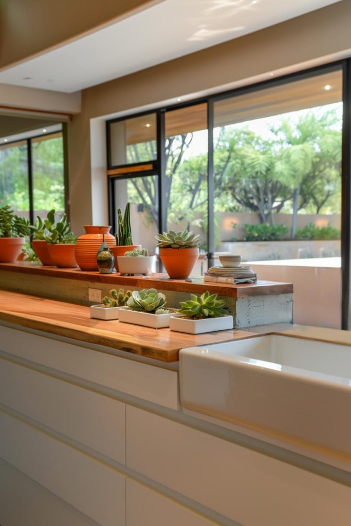 A miniature succulent garden adorns the wooden worktop and stands out in this white, brown and terracotta area and puts a effortless mix of organic and modern styling for the foreground.