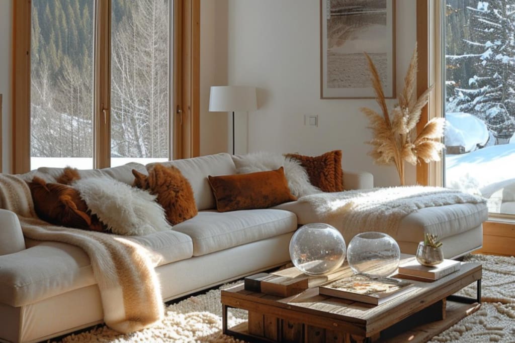 A cozy living room with a large beige sofa set, fur pillows, a <a href=