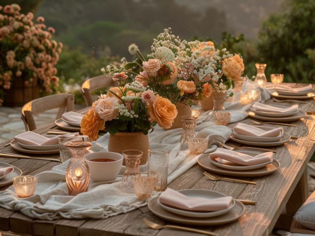 Outdoor table setting with peach and gold accents in front of a <a href=