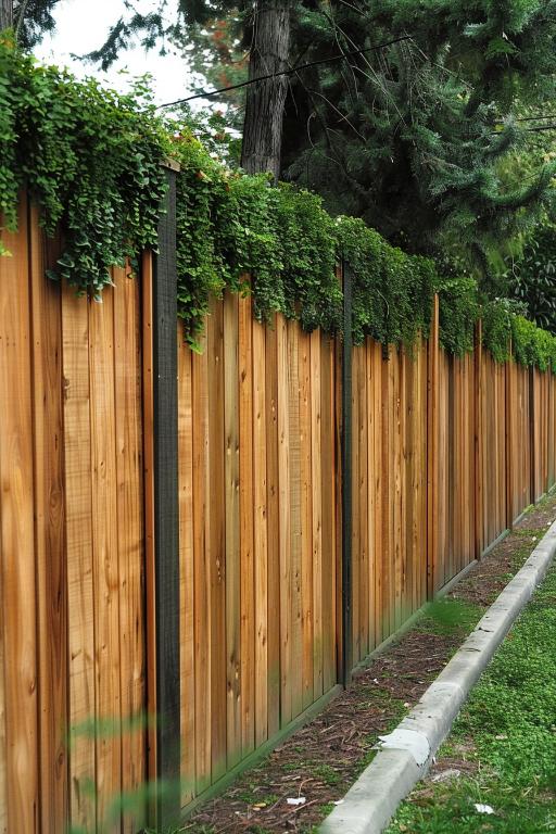 Cascading greenery combines with vertical wooden panels to create a vertical garden privacy fence. The green tones provide a natural and calm barrier.