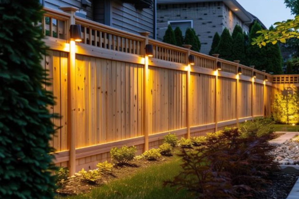 Add solar-powered lights to your privacy fence to make it glow golden every evening. It's an excellent way to combine sustainability with mysticism.