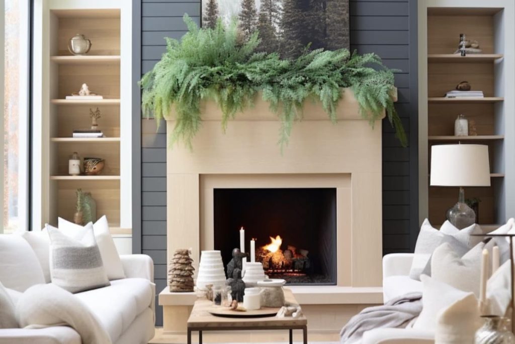 A living room with a fireplace decorated with green ferns surrounded by built-in shelving. In the middle there are white sofas and a wooden coffee table with decorative items.