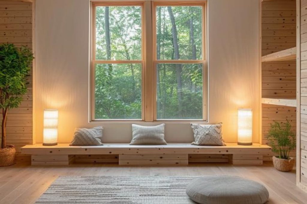 A structured floor mat, low seating, ambient lighting and minimalist decor form a calm meditation retreat that is quietly embedded in a small bonus room. It is perfect for peaceful reflection.