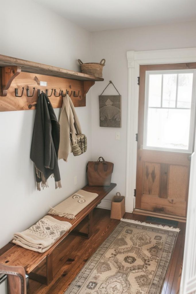 Vintage hooks line the entryway wall, perfect for hanging coats and scarves. An open wooden shelf above provides a quaint display space for hats and jewelry.