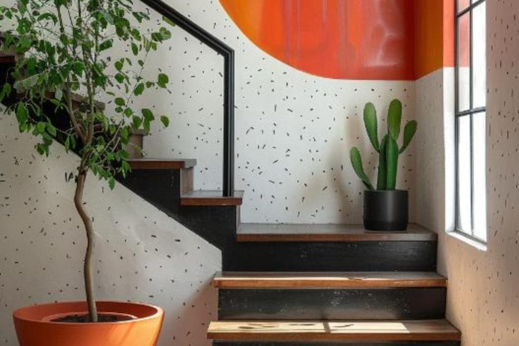 A staircase with wooden steps is located next to a window. A green plant in an orange pot is at the base and a cactus in a black pot is in one step. An artistic orange circle decorates the wall.