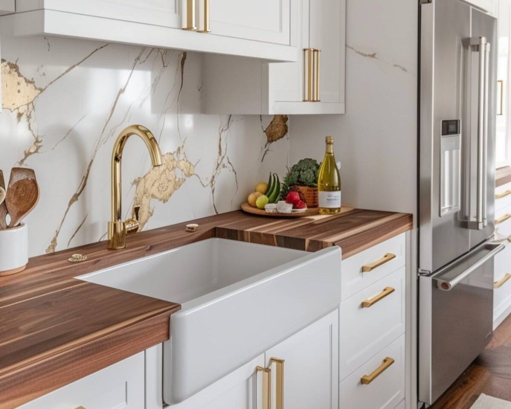 a kitchen with a white and gold marble backsplash paired with a dark wood block countertop