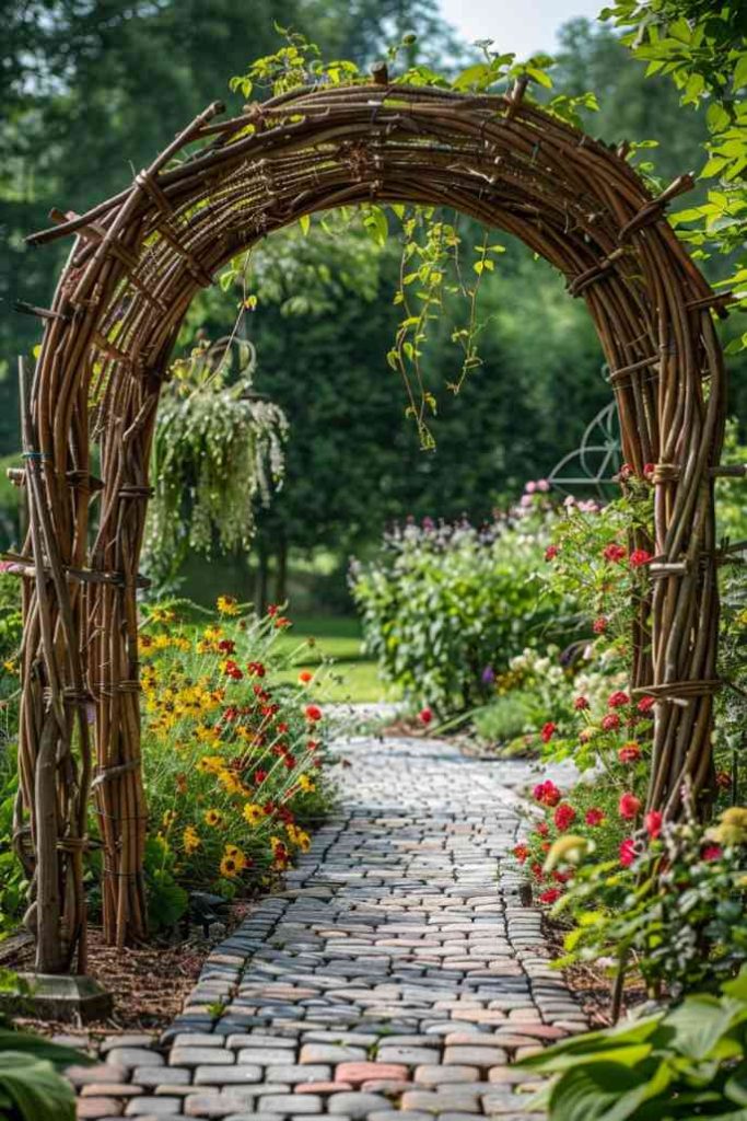 A woven willow trellis adds a whimsical touch to gardens, combining natural aesthetics with functionality. 