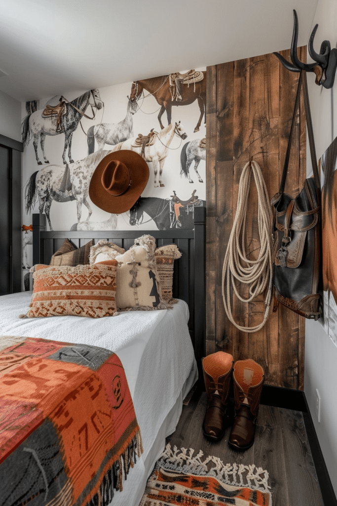 Western-style bedroom with horse pattern wallpaper, cowboy hat, boots and ropes. The bed features a colorful patterned blanket and pillows. Rustic wooden accent wall and dark hooks.