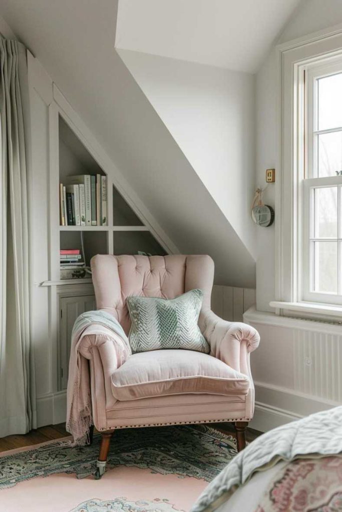 A pink armchair with a pillow is located near a window in a cozy room. A bookshelf, which is partly filled with books, is built into the sloping wall next to it. Curtains are drawn on one side.