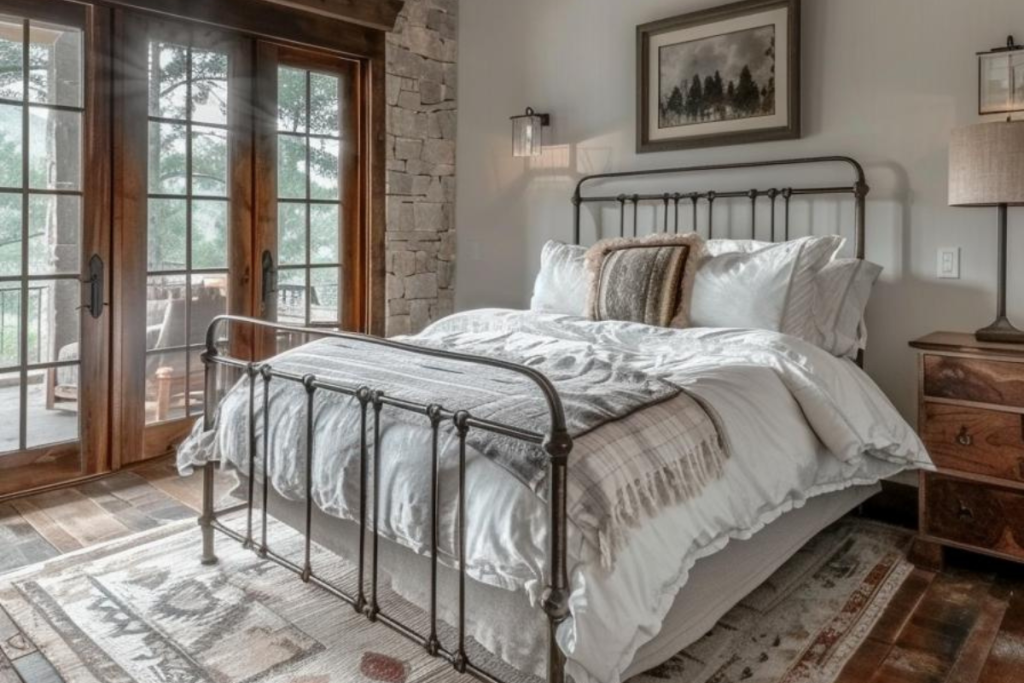 The wrought iron bed frame gives the bedroom an industrial flair, its robust lines frame the bed precisely and wonderfully fit the rustic theme of the room.