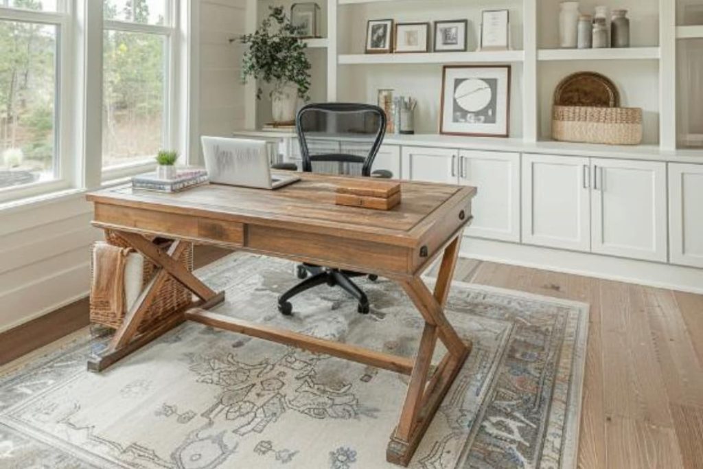 Storage and style merge, with both practicability and panache being served in this well -equipped farmhouse home office.