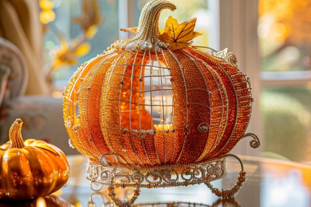 A bizarre pumpkin carriage made of wire and beads takes the imagination into a land of fairytale autumn fantasies. Keep the colors in a fall palette to ensure you feel the spirit of the season.