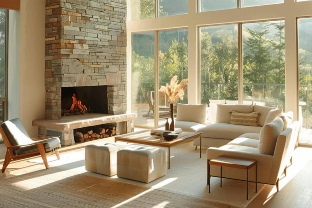 A modern living room with large windows, a stone fireplace, beige sofas, a wooden <a href=