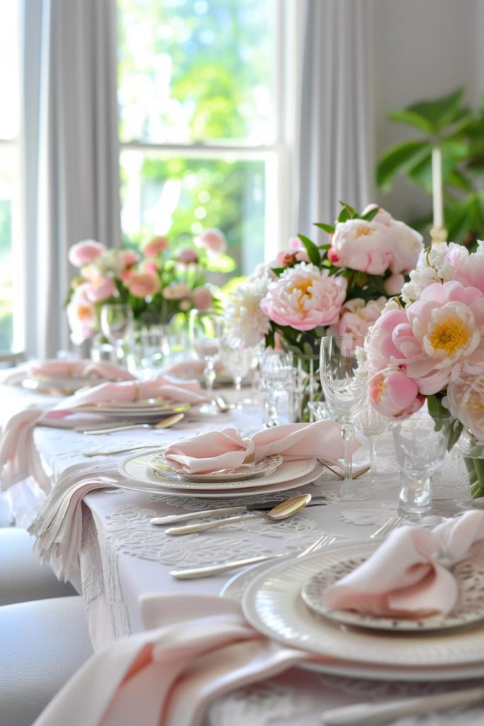 A table blushes with life as soft pink napkins lie gently beneath shiny cutlery. Pink peonies stand in the center of the table, whispering the arrival of spring at the center of this Mother's Day decoration.