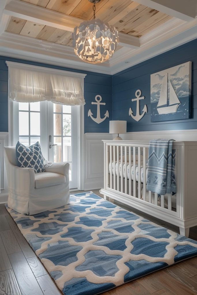 Anchors and sailboats adorn the walls, with shades of blue and white creating a fresh, oceanic atmosphere. This nautical kindergarten invites little explorers to sail into dreamland.