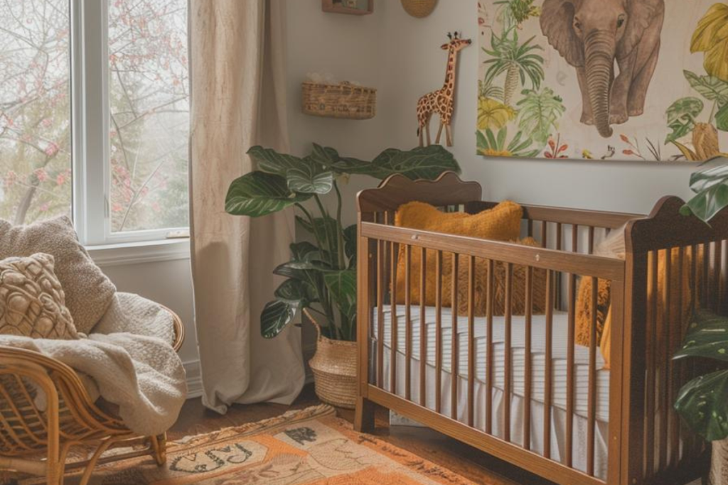 Geometric shapes and a sophisticated color palette create an elegant pattern palette in this stylish children's room.