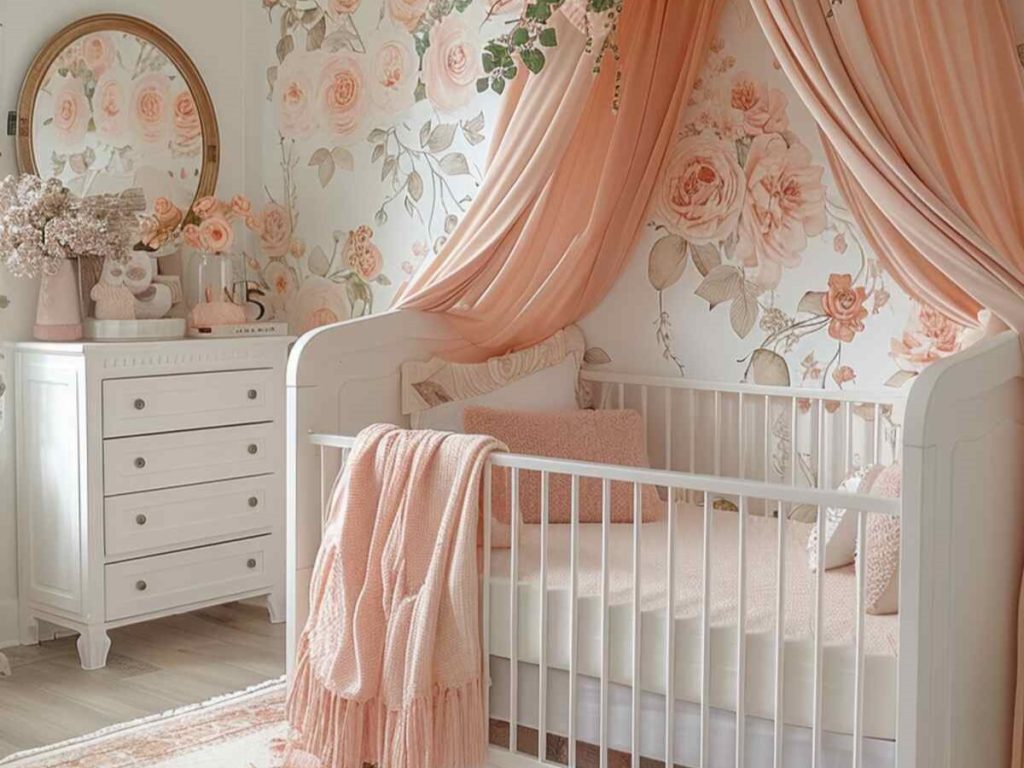 a nursery with soft peach tones paired with rose stickers, a perfect peachy pink blanket and a bed canopy