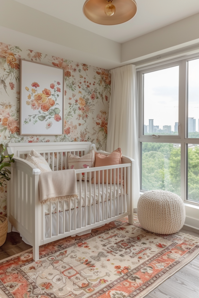 Photo of a child's room with floral wallpaper, complemented by a pristine white crib, a large rug and a woven stool 