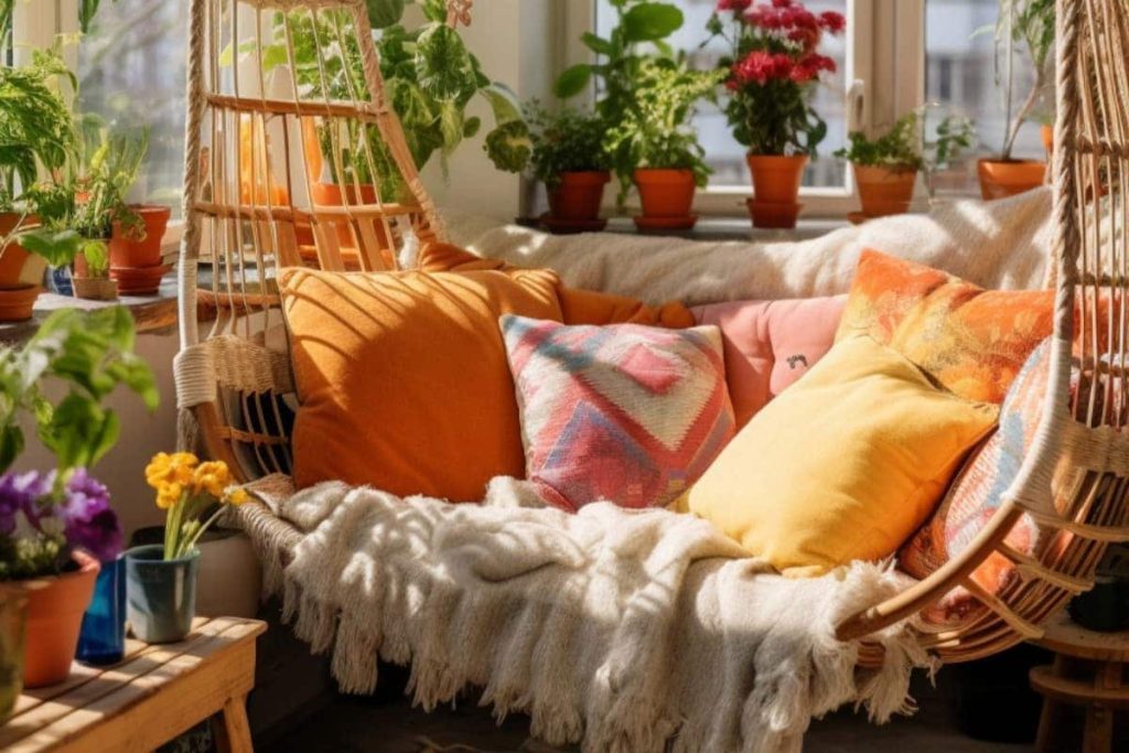 Cozy interior with a hanging wicker chair, colorful pillows, a light blanket and several potted plants on a sunny windowsill.