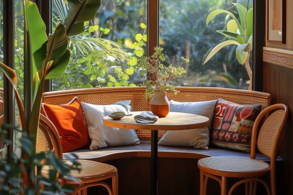 A cozy corner with a small round table surrounded by wicker chairs and cushions, next to large windows that reveal views of lush greenery outside. There is a potted plant on the table.