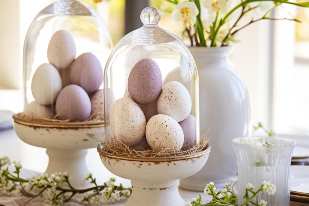 Impress your guests at your Easter gathering with a display of speckled eggs in decorative bowls, each safely protected by a glass dome.