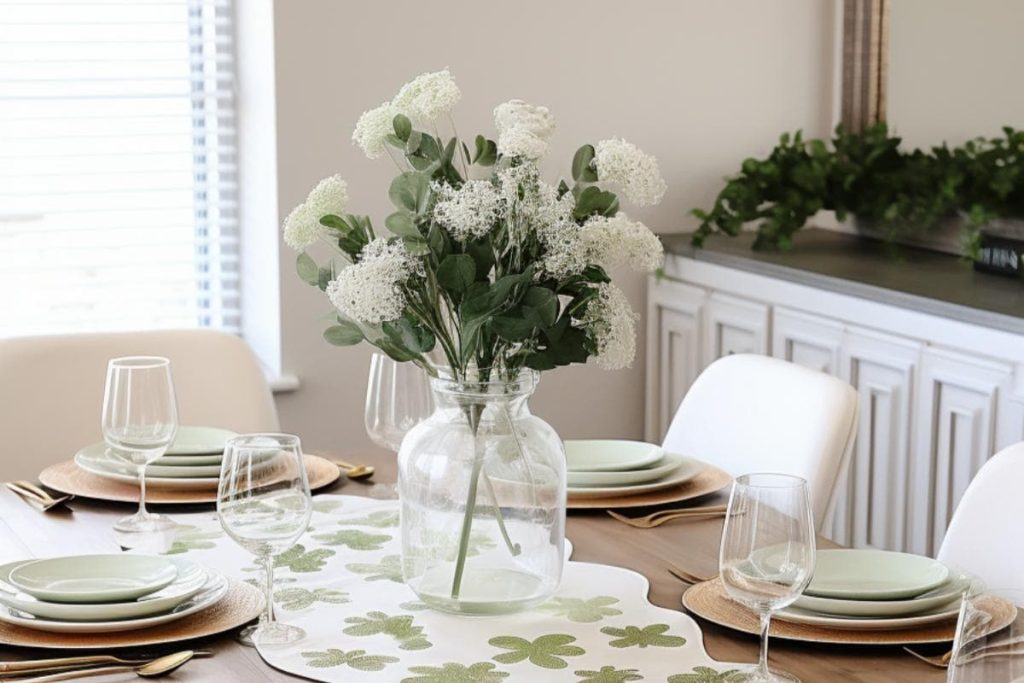 A dining table with white and beige dishes, wine glasses and a centerpiece of white flowers in a glass vase. A table runner with a floral pattern is placed over the wooden table.