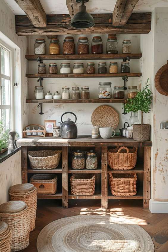 A rustic kitchen with exposed <a href=