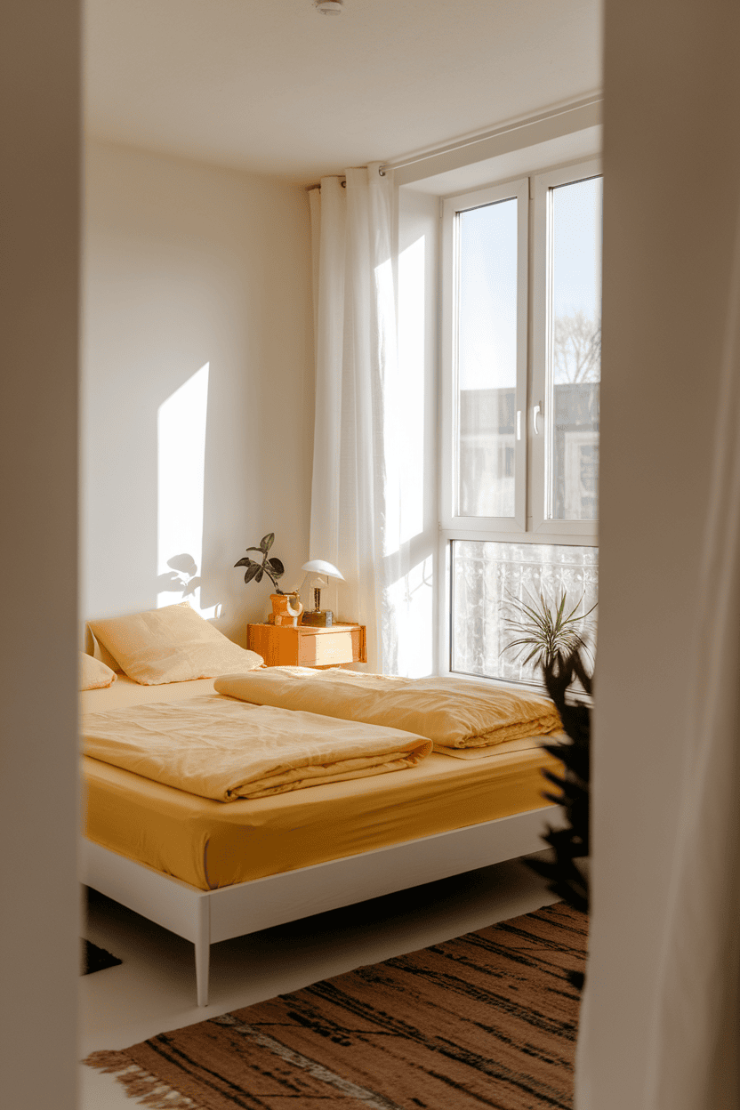 A light and minimalist bedroom with yellow bed linen and a window that induces sunlight.