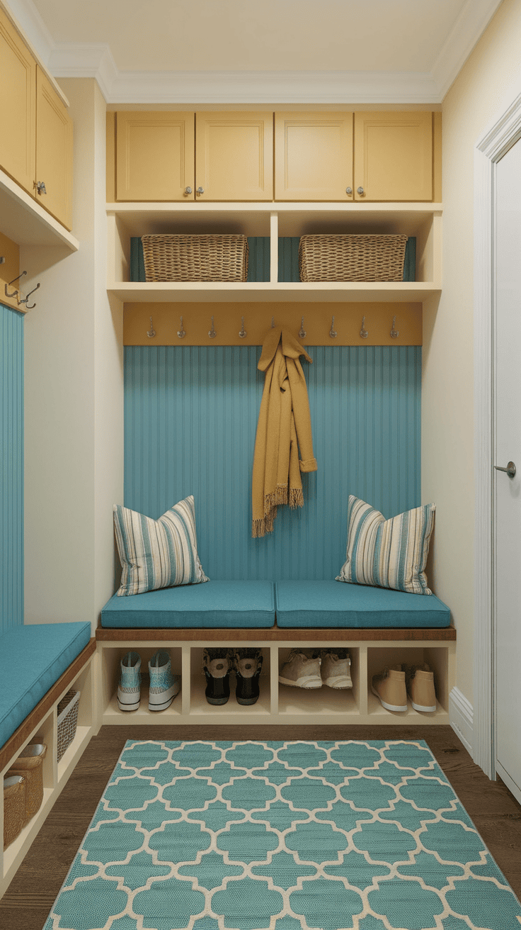 A cozy entrance with blue -green seating, warm accents and organized storage.