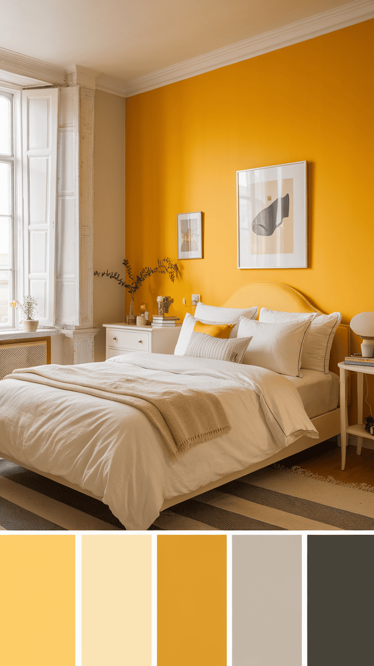 A bright yellow accent wall in a cozy bedroom, supplemented by neutral bed linen and decor.