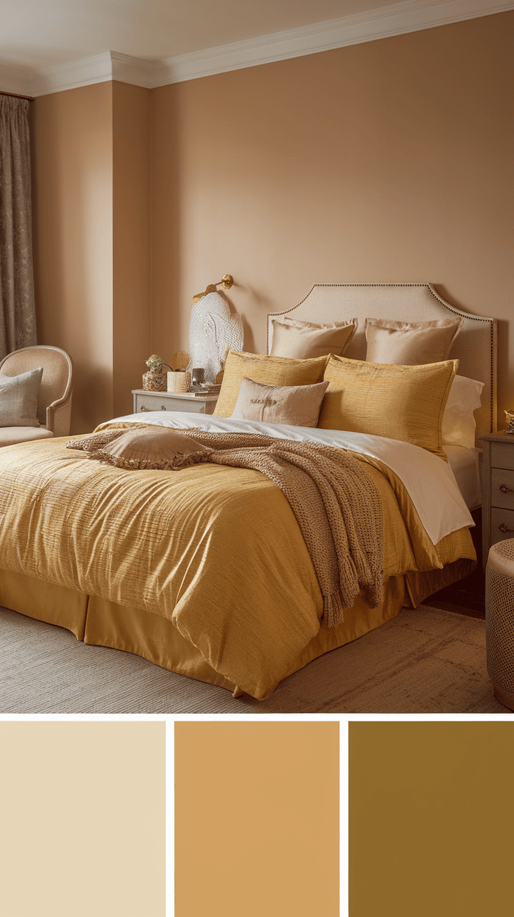 Cozy bedroom with structured yellow bed linen with different pillows on a bed.